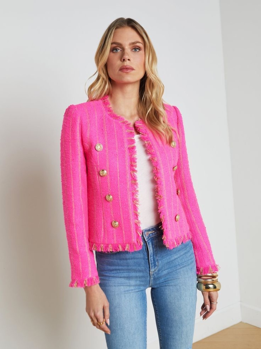 L’Agence Tinlee Tweed Jacket Pink Gold Metallic Fringe Open Front Womens Size 4